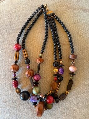Vintage,Handcrafted Multi-Bead Black Necklace with Red, Purple, Green Accents